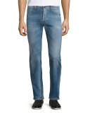 Five-Pocket Faded Stretch Denim Jeans, Blue