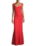 Cap-Sleeve Sweetheart Bandage Gown, Coral Poppy