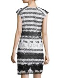 Cap-Sleeve Striped Guipure Lace Cocktail Dress, Black/White