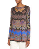 Paisley Scoop-Neck Long-Sleeve Tee, Blue
