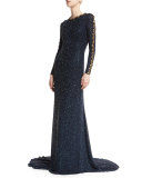 Beaded Long-Sleeve Jewel-Neck Gown, Dark Navy