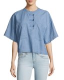 Collarless Boxy Chambray Top, Light Blue