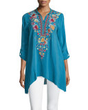 Sable Long-Sleeve Embroidered Tunic, True Blue 