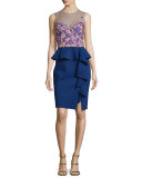 Sleeveless Embroidered Peplum Dress, Navy