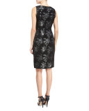 Sleeveless Floral Metallic Sheath Dress, Black
