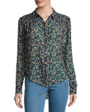 Dazed Long-Sleeve Floral Silk Blouse, Black