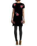Auri Short-Sleeve Rose-Embroidered Velvet Tunic, Black