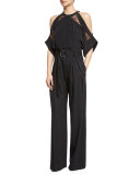 Mya Lace-Trim Voile Cold-Shoulder Top, Black
