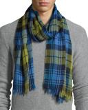 Cottlea Plaid Cotton-Linen Scarf, Blue/Green
