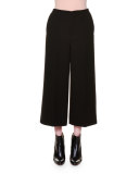 Flat-Front Wide-Leg Cropped Pants, Black