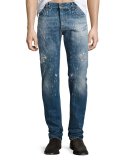 Destroyed Straight-Leg Jeans, Blue