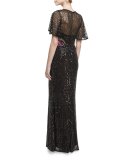 Short-Sleeve Floral Sequin Tulle Gown, Black