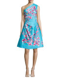 Cherry Blossom One-Shoulder Cocktail Dress, Aquamarine/Multi