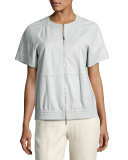 Daelyn Short-Sleeve Zip-Front Lambskin Jacket, Light Blue