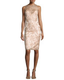 Sleeveless Embroidered Illusion Cocktail Dress, Blush