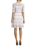 Short-Sleeve Zigzag Knit A-Line Dress, White Pattern