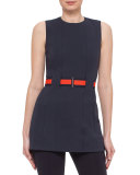 Sleeveless Jewel-Neck Belted Tunic, Navy
