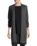Stripe-Print Open-Front Long Cardigan, Black/Ash