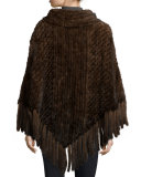 Mink Fur Cowl-Neck Fringe Poncho, Brown