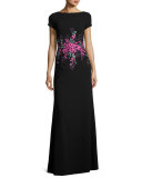 Short-Sleeve Floral Embellished Gown, Black/Pink