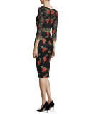3/4-Sleeve Rose-Embroidered Dress, Black/Red