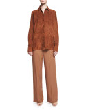 Long-Sleeve Suede Button-Front Shirt, Dark Orange