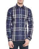 Long-Sleeve Woven Check Shirt, Navy