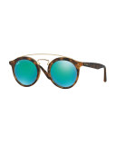 Round Mirrored Brow-Bar Sunglasses, Brown/Green