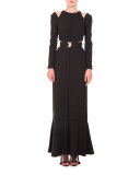 Cutout Waist & Shoulder Long-Sleeve Gown, Black