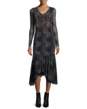 Long-Sleeve Plaid Handkerchief-Hem Midi Dress w/ Faux Necklace Print, Copiativo