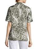 Damon Short-Sleeve Grove Palm-Print Stretch-Cotton Blouse, Multi