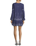 Nola Long-Sleeve Split-Neck Embroidered Minidress, Slate
