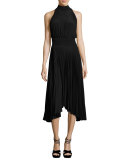 Renzo Pleated Jersey Midi Dress, Black