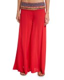 Hand-Embroidered Wide-Leg Coverup Pants, Red
