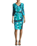 3/4-Sleeve Ruched Floral Cocktail Dress, Winter Blossom Blue