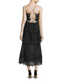 Sleeveless Lace-Trim Polka-Dot Midi Dress, Black