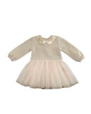 Long-Sleeve Metallic & Tulle Combo Dress, Gold/Light Pink, Size 2-3