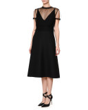 Short-Sleeve A-Line Dress, Black