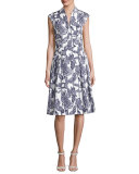 Raffia-Print Sleeveless A-Line Dress, White
