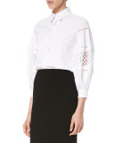 Crochet-Inset Balloon-Sleeve Blouse, White