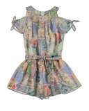 Floral Patchwork Cold-Shoulder Romper, Light Blue, Size 8-16