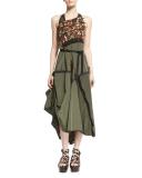 Sleeveless Mixed-Print A-Line Dress, Military Green/Rust