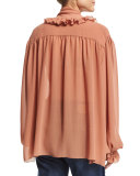 Long-Sleeve Oversized Ruffle-Trim Top, Dusty Pink