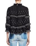 Daniela Boxy Embroidered Ruffle Blouse, Black