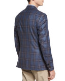 Plaid Two-Button Sport Jacket, Blue/Camel