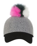 Sass Baseball Cap w/ Tricolor Fur Pom-Pom, Gray/Green/Pink/White