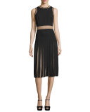 Sleeveless Pleated Dress W/Lace Insets, Black