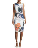Sleeveless Floral-Print Belted Sheath Dress 