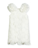 Sleeveless Floral Lace Pompom Dress, White, Size 5-8