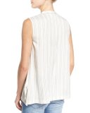 Regimental-Striped Silk V-Neck Top, White/Tan